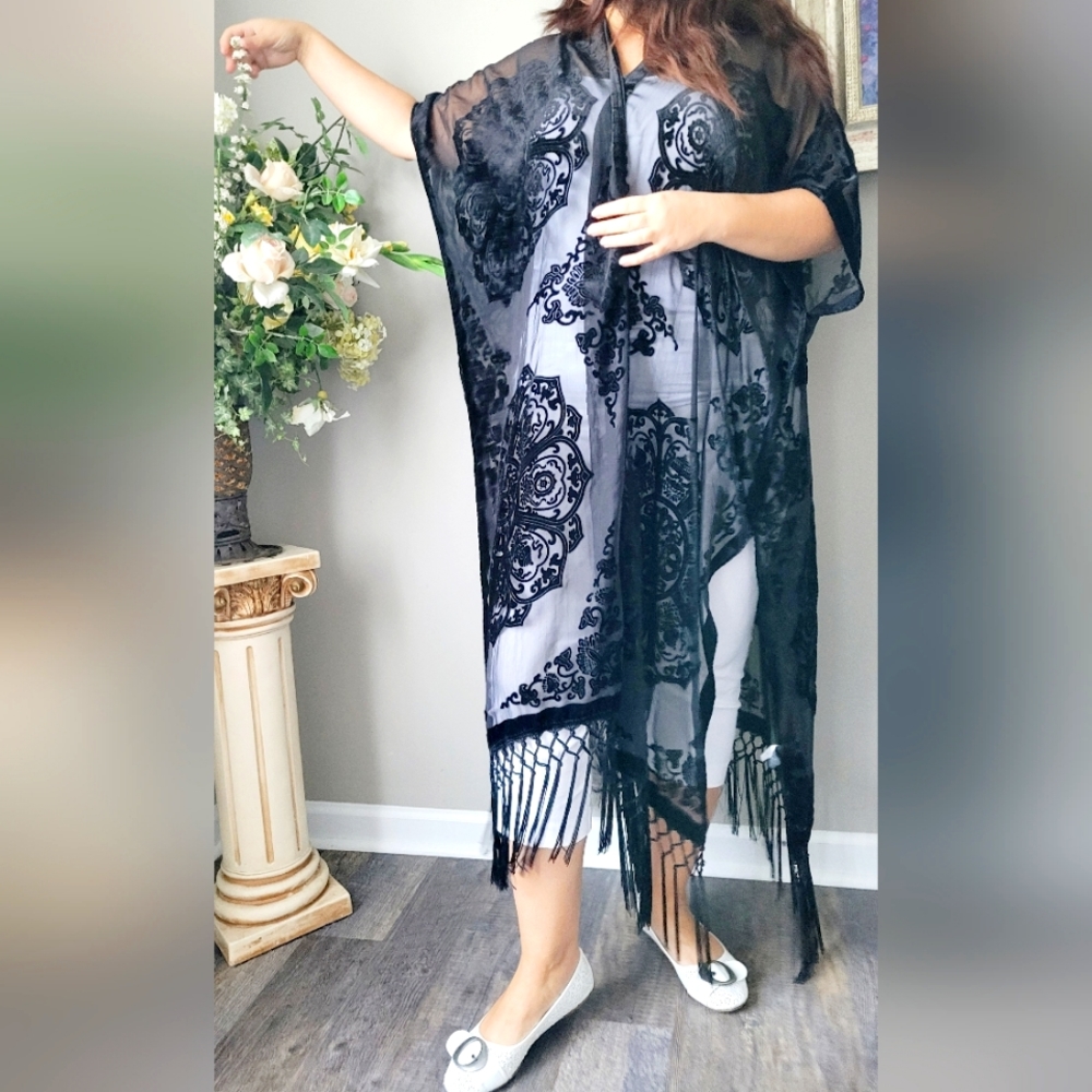 Sheer Black Velvet-Print Kimono Cover-Up